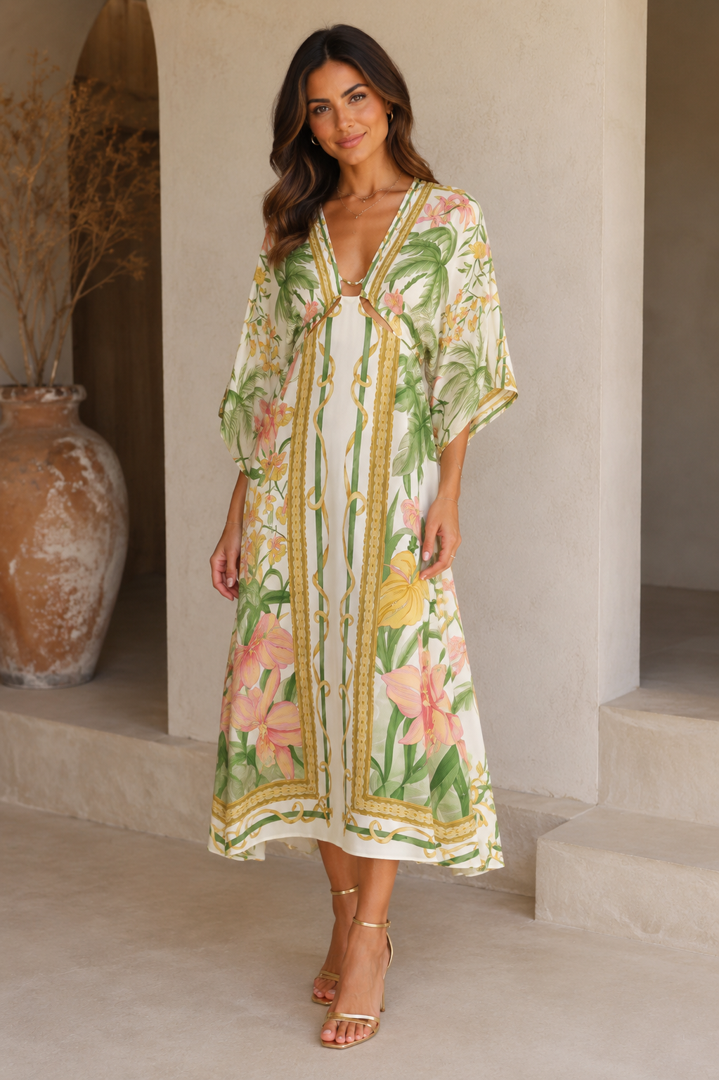 VESTIDO LONGO MANGA CAPRI FARM BEGE