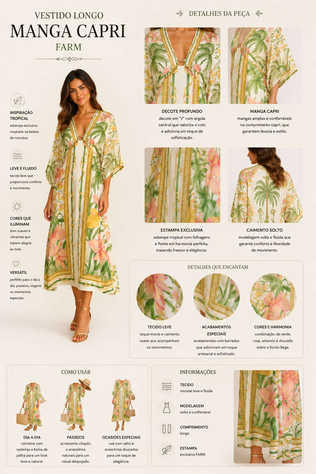 VESTIDO LONGO MANGA CAPRI FARM BEGE