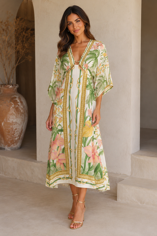 VESTIDO LONGO MANGA CAPRI FARM BEGE