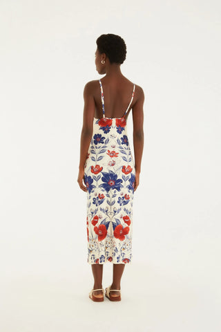 VESTIDO ALCA FLORAL LINA FARM BEGE