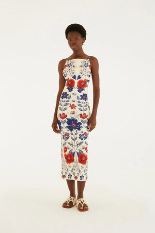 VESTIDO ALCA FLORAL LINA FARM BEGE