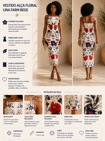 VESTIDO ALCA FLORAL LINA FARM BEGE
