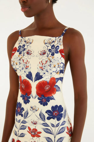 VESTIDO ALCA FLORAL LINA FARM BEGE