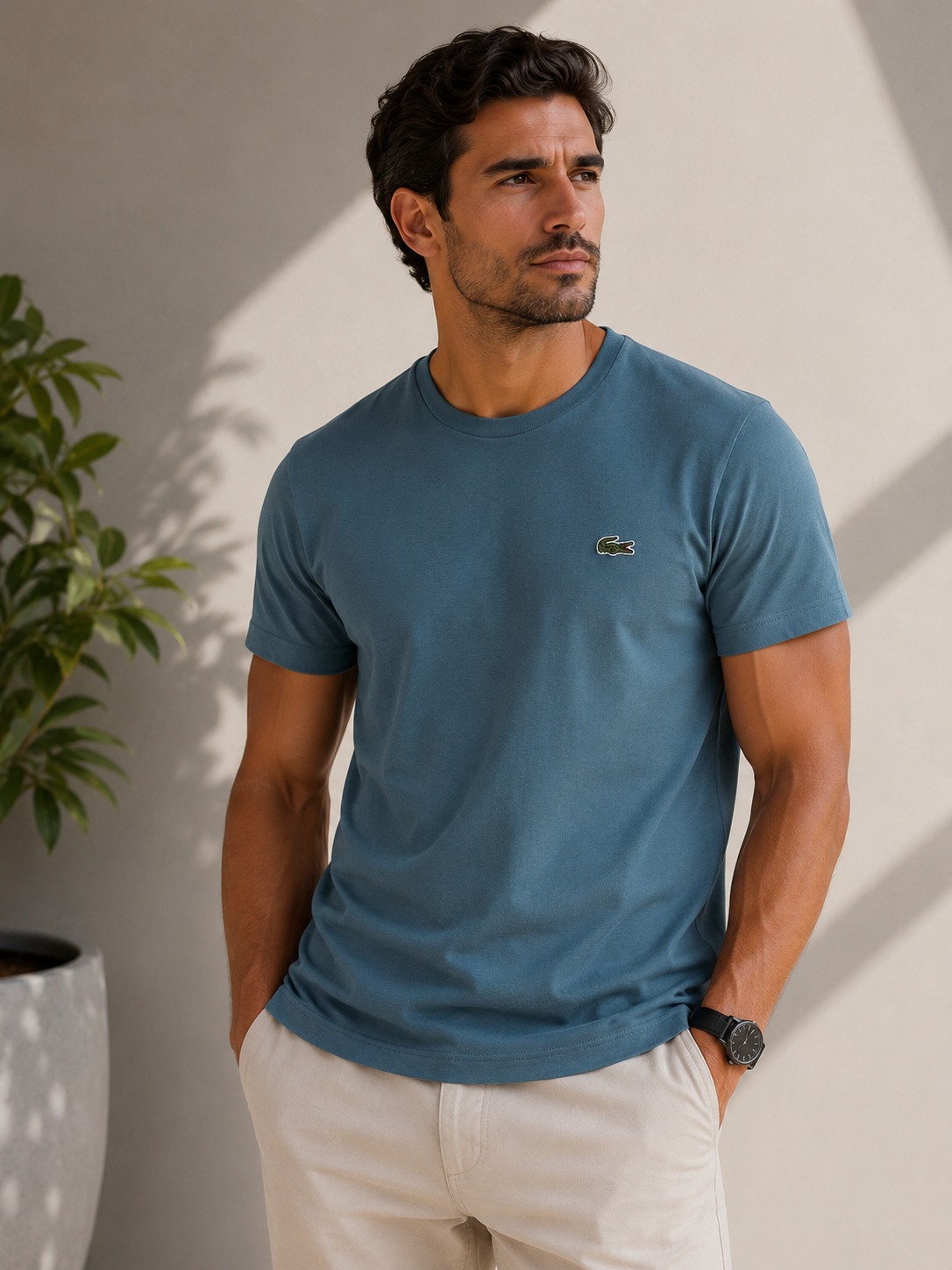 CAMISETA LACOSTE MC MASC BASICA AZUL MEDIO JBK