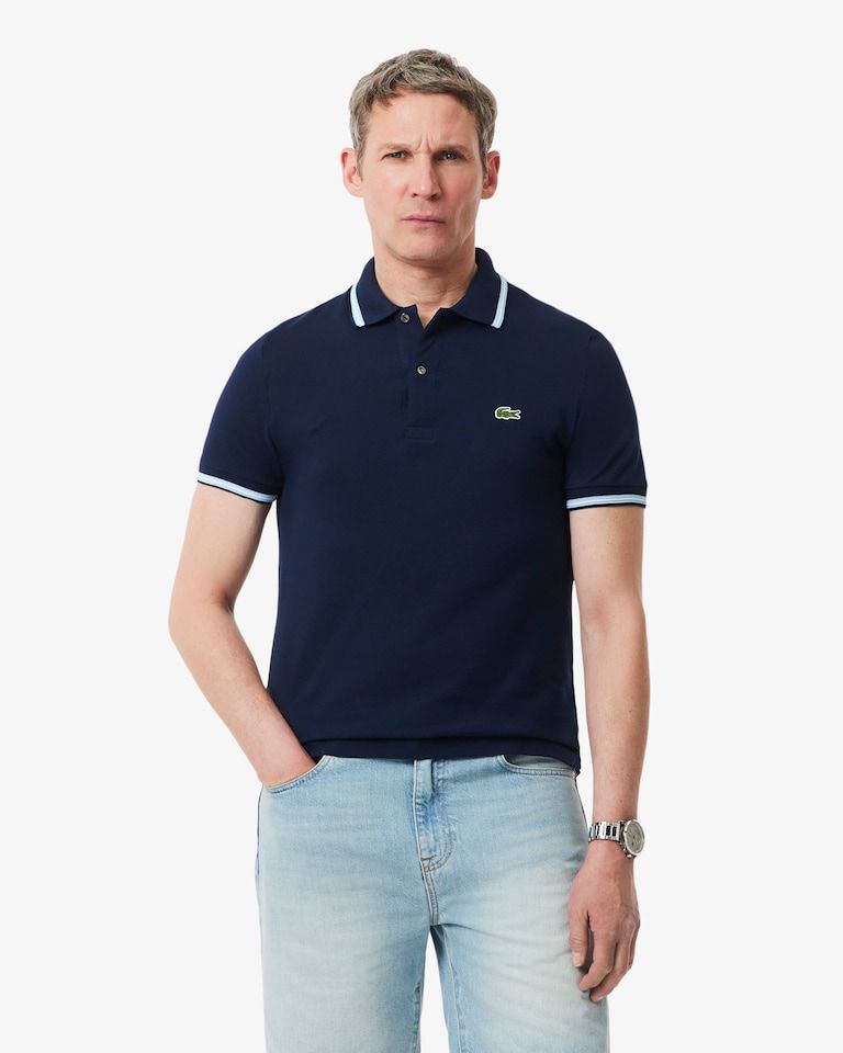 POLO MAS MC LISTRA GOLA E MANGA LACOSTE MARINHO 166
