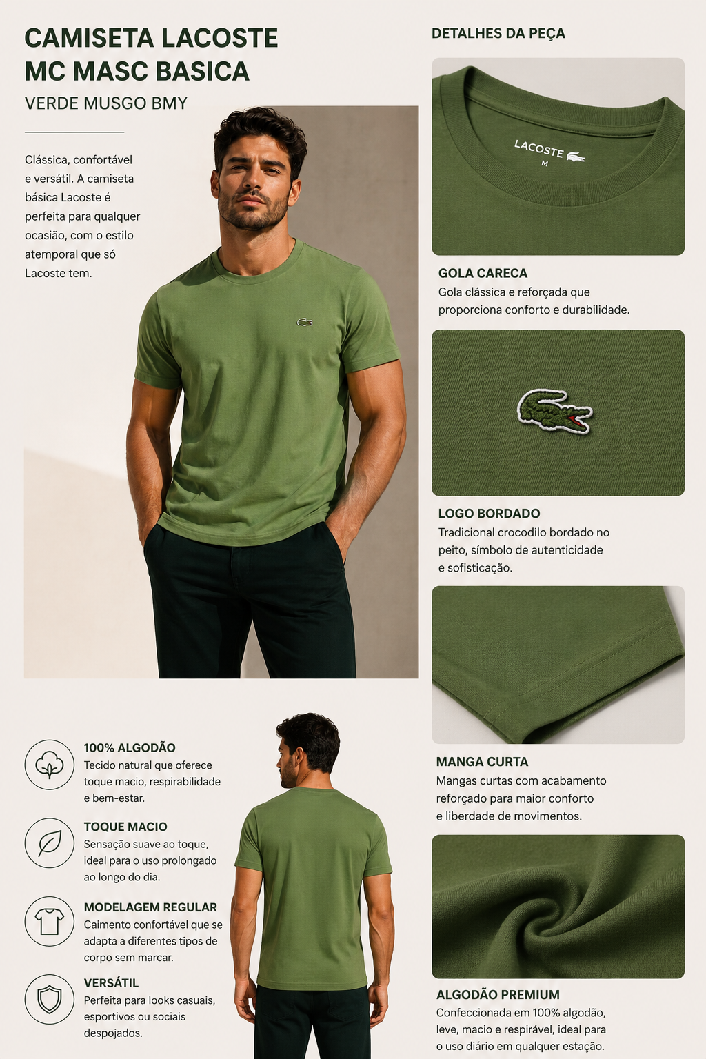 CAMISETA LACOSTE MC MASC BASICA VERDE MUSGO BMY
