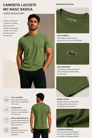 CAMISETA LACOSTE MC MASC BASICA VERDE MUSGO BMY