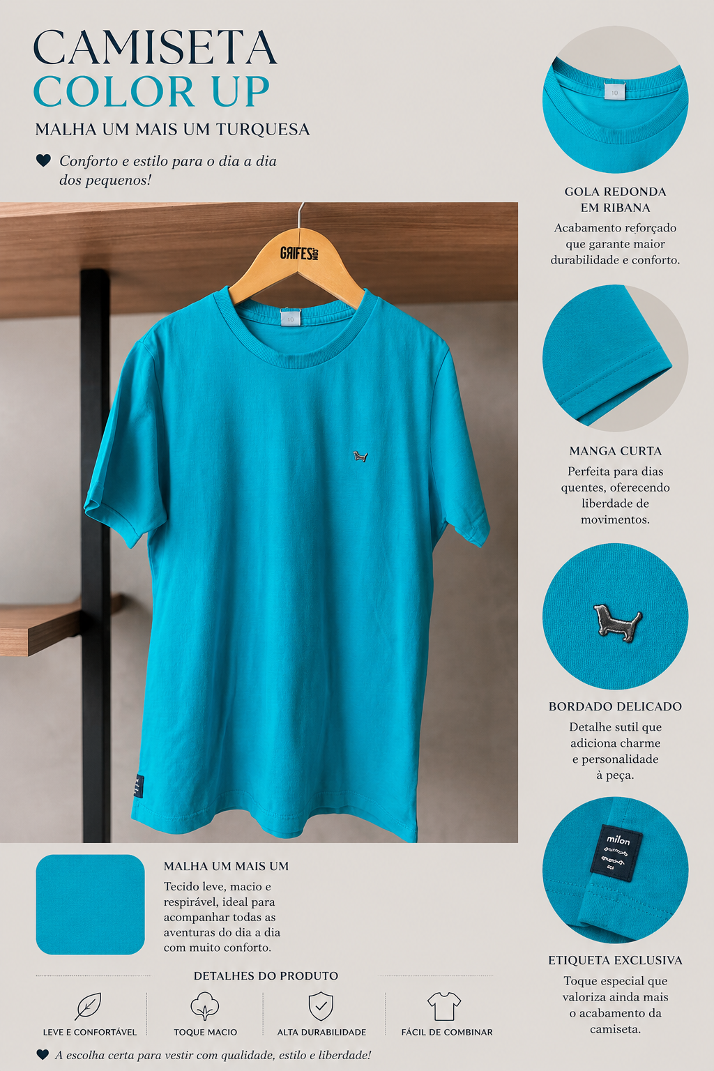 CAMISETA MC COLOR UP MALHA UM MAIS UM TURQUESA