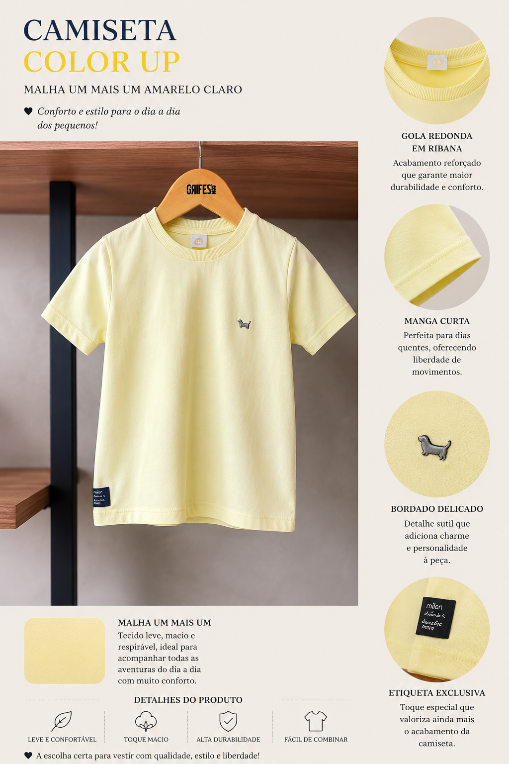 CAMISETA MC COLOR UP MALHA UM MAIS UM AMARELO CLARO