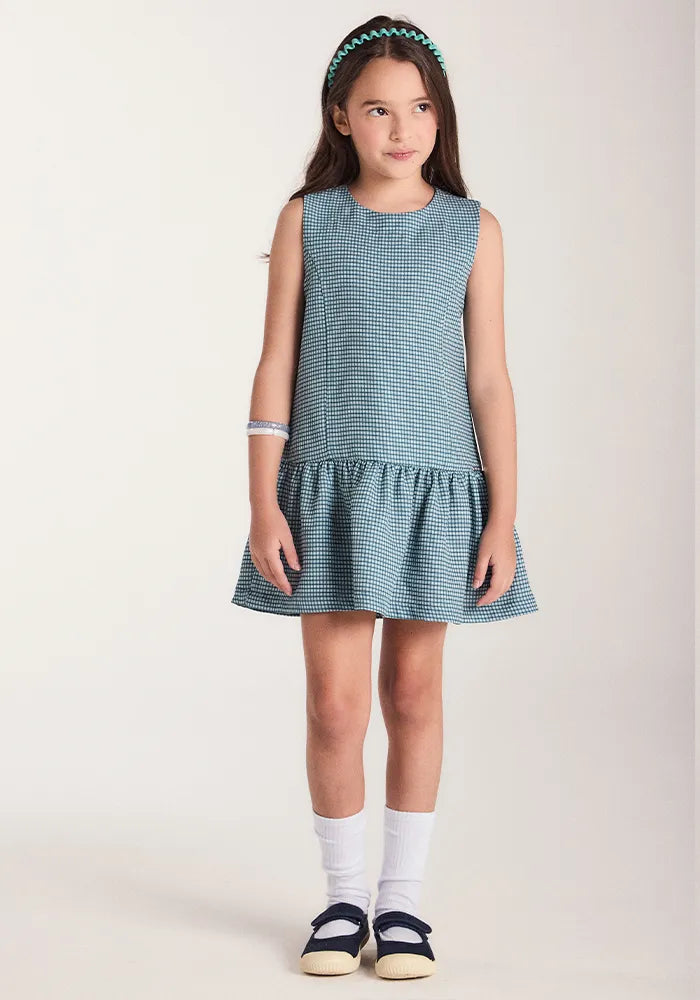 VESTIDO JUMPER TRICOLINE SARJADA XADREZ PETROLEO
