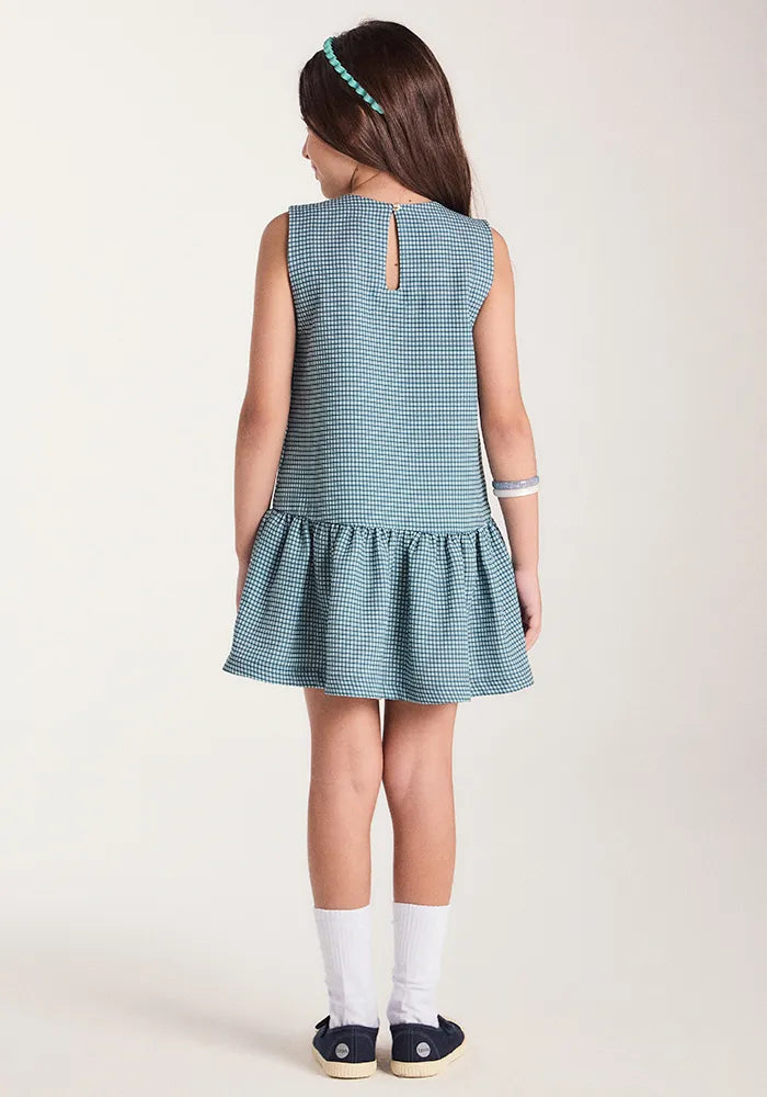 VESTIDO JUMPER TRICOLINE SARJADA XADREZ PETROLEO