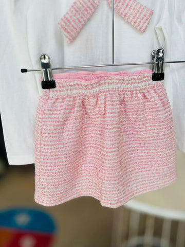 CONJ FEM BL ML E SAIA RETA MALHA TWEED ROSA CLARO/OFF WHITE