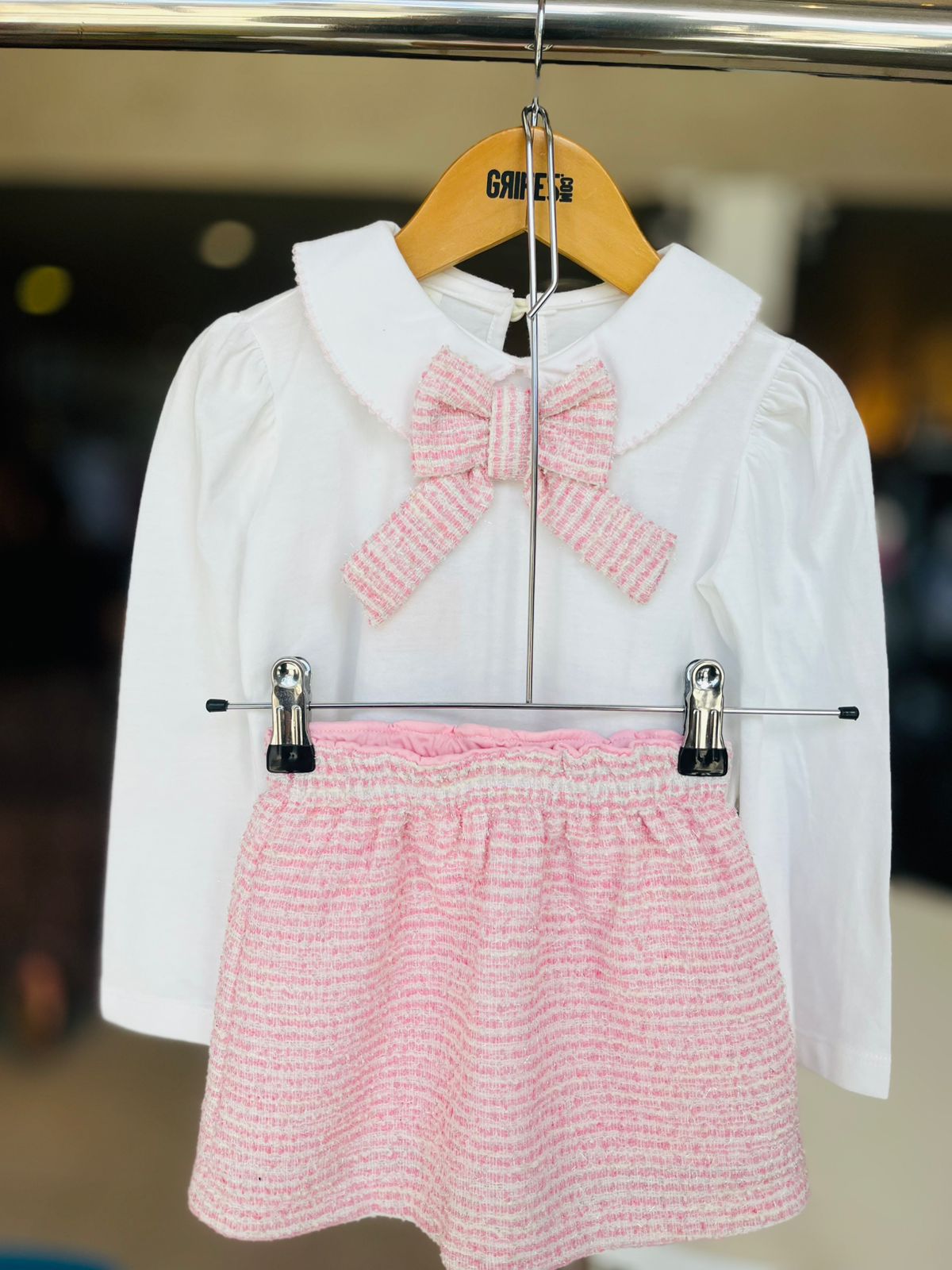 CONJ FEM BL ML E SAIA RETA MALHA TWEED ROSA CLARO/OFF WHITE