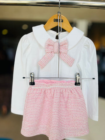 CONJ FEM BL ML E SAIA RETA MALHA TWEED ROSA CLARO/OFF WHITE