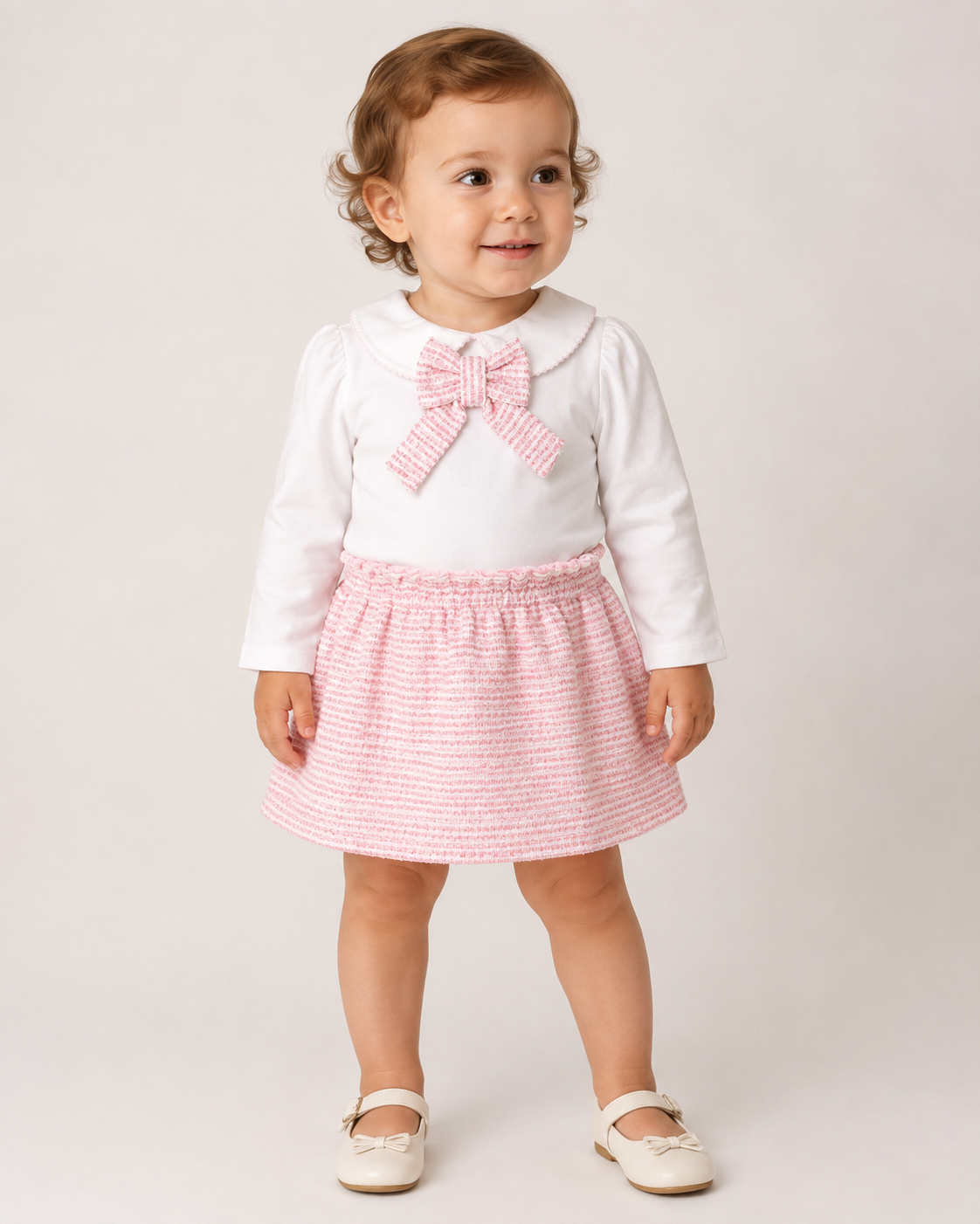 CONJ FEM BL ML E SAIA RETA MALHA TWEED ROSA CLARO/OFF WHITE