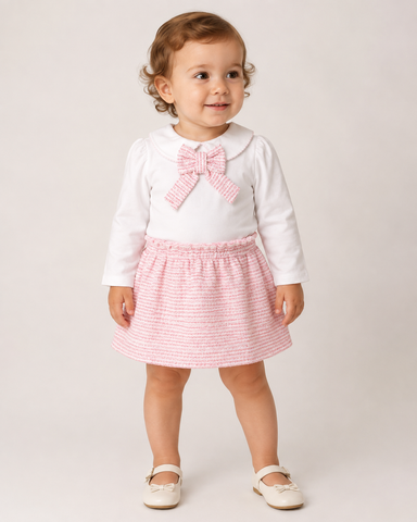 CONJ FEM BL ML E SAIA RETA MALHA TWEED ROSA CLARO/OFF WHITE