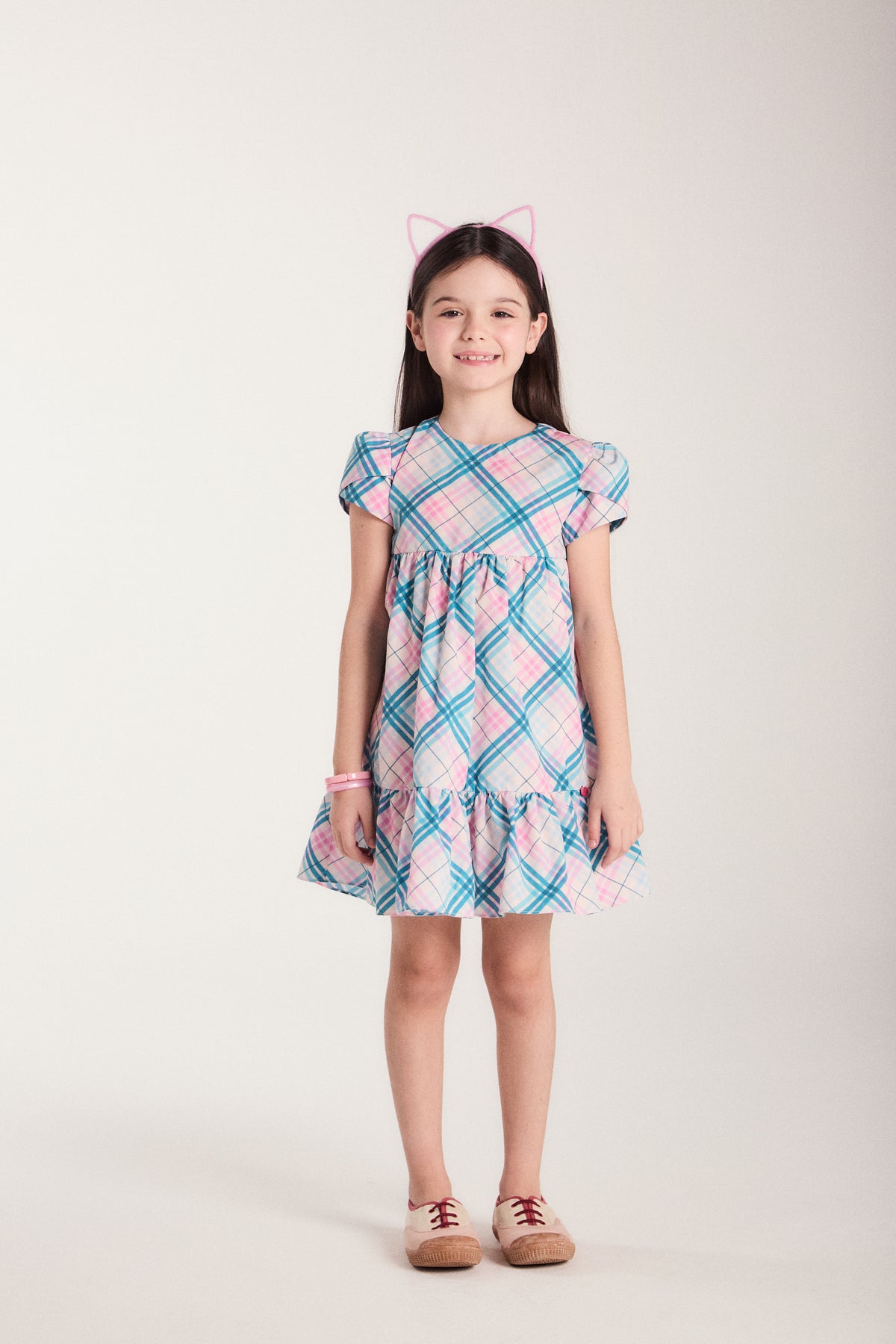 VESTIDO TRIC ESTAMP XADREZ C REC RODADO ROSA CLARO/VERDE