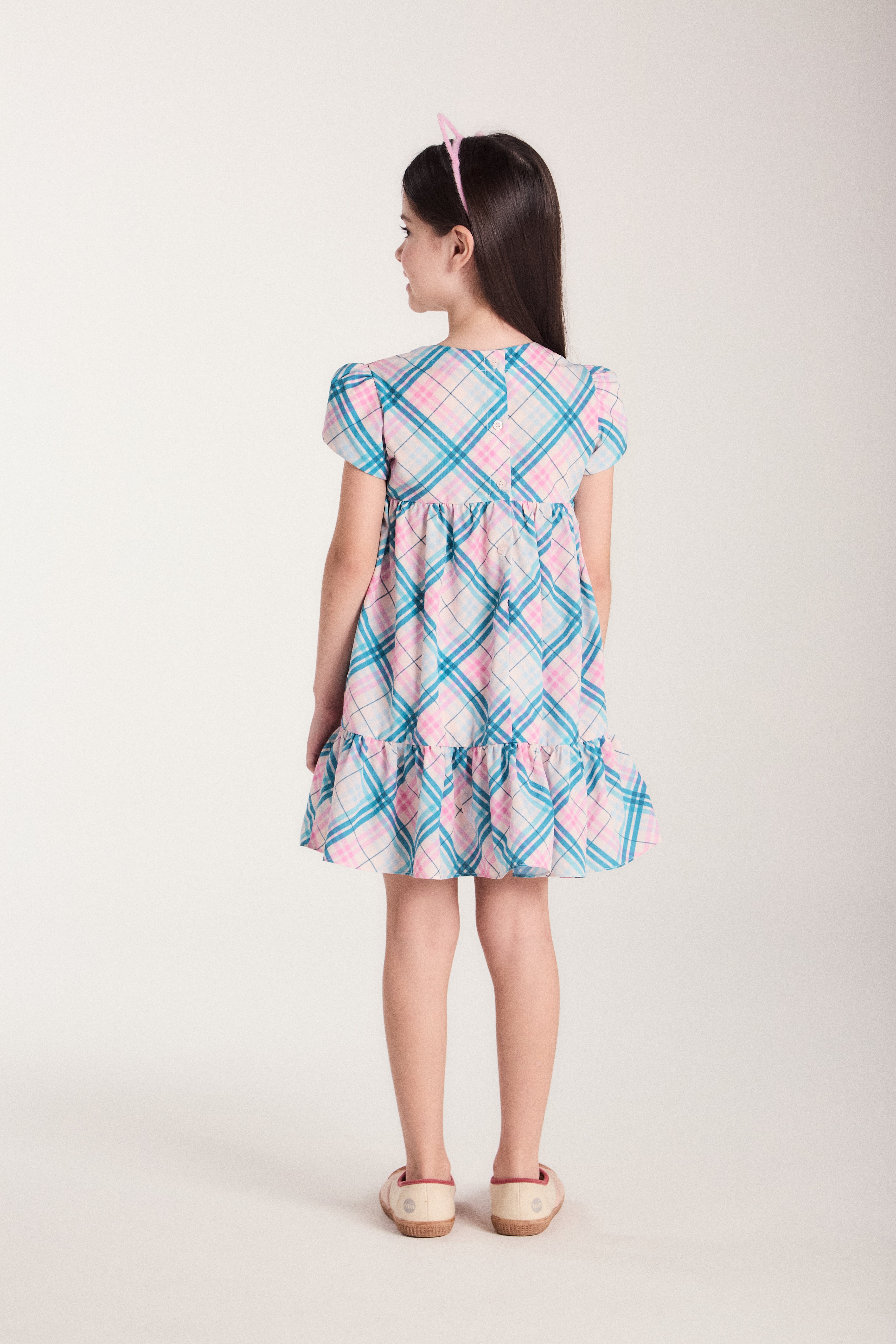 VESTIDO TRIC ESTAMP XADREZ C REC RODADO ROSA CLARO/VERDE