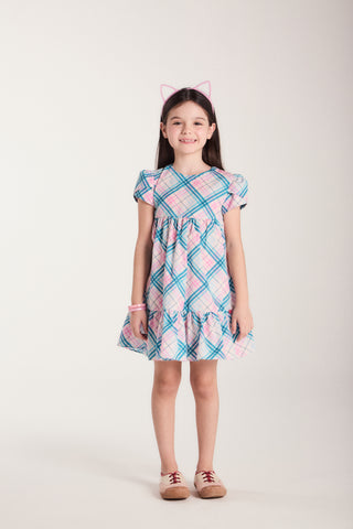 VESTIDO TRIC ESTAMP XADREZ C REC RODADO ROSA CLARO/VERDE