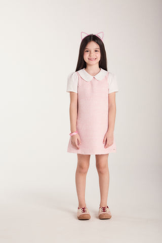 VESTIDO TWEED MODELO RETO E GOLA ALFAIAT ROSA CLARO