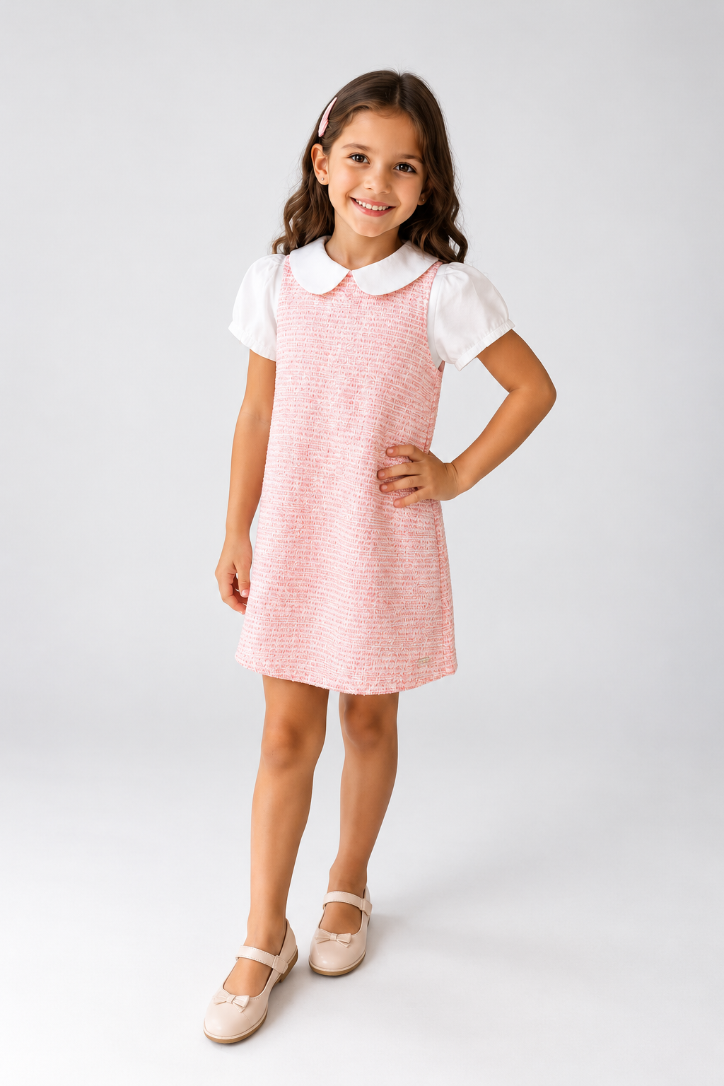 VESTIDO TWEED MODELO RETO E GOLA ALFAIAT ROSA CLARO