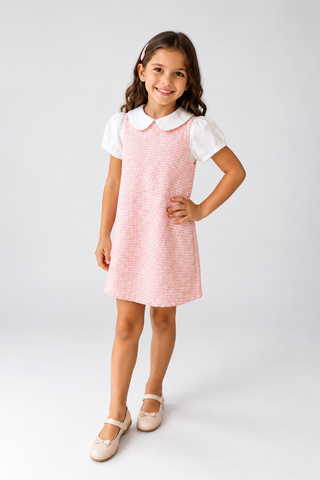 VESTIDO TWEED MODELO RETO E GOLA ALFAIAT ROSA CLARO