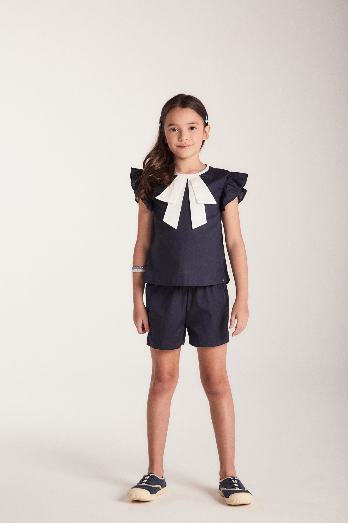 CONJ FEM BATA TRICOL LACO FRENTE E SHORT MARINHO
