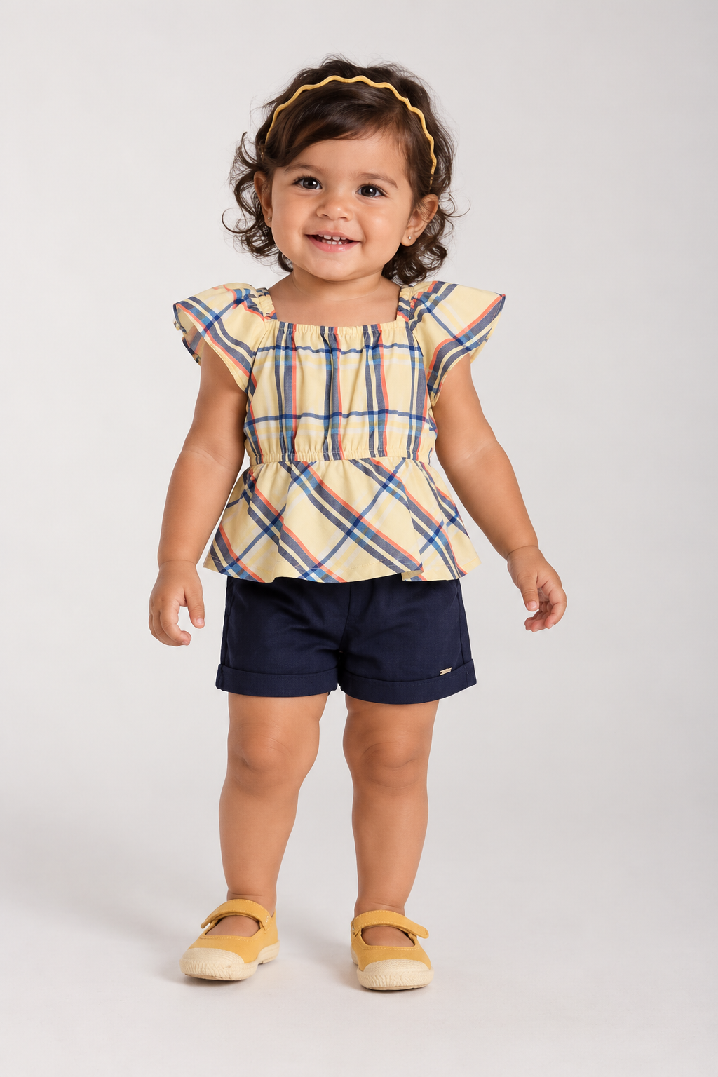 CONJ FEM BATA TRICOLINE XADREZ E SHORT MARINHO/AMARELO