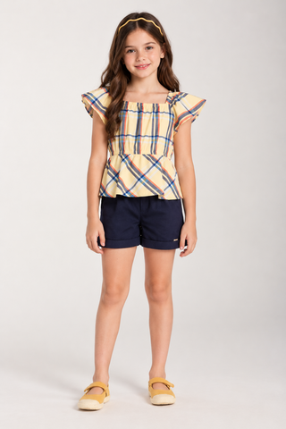 CONJ FEM BATA TRICOLINE XADREZ E SHORT MARINHO/AMARELO