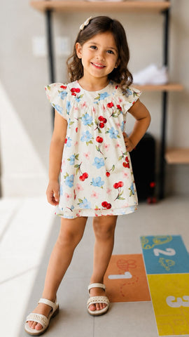 VESTIDO ESTAMPADO EVASE C DET DE PICUETA BEGE CLARO
