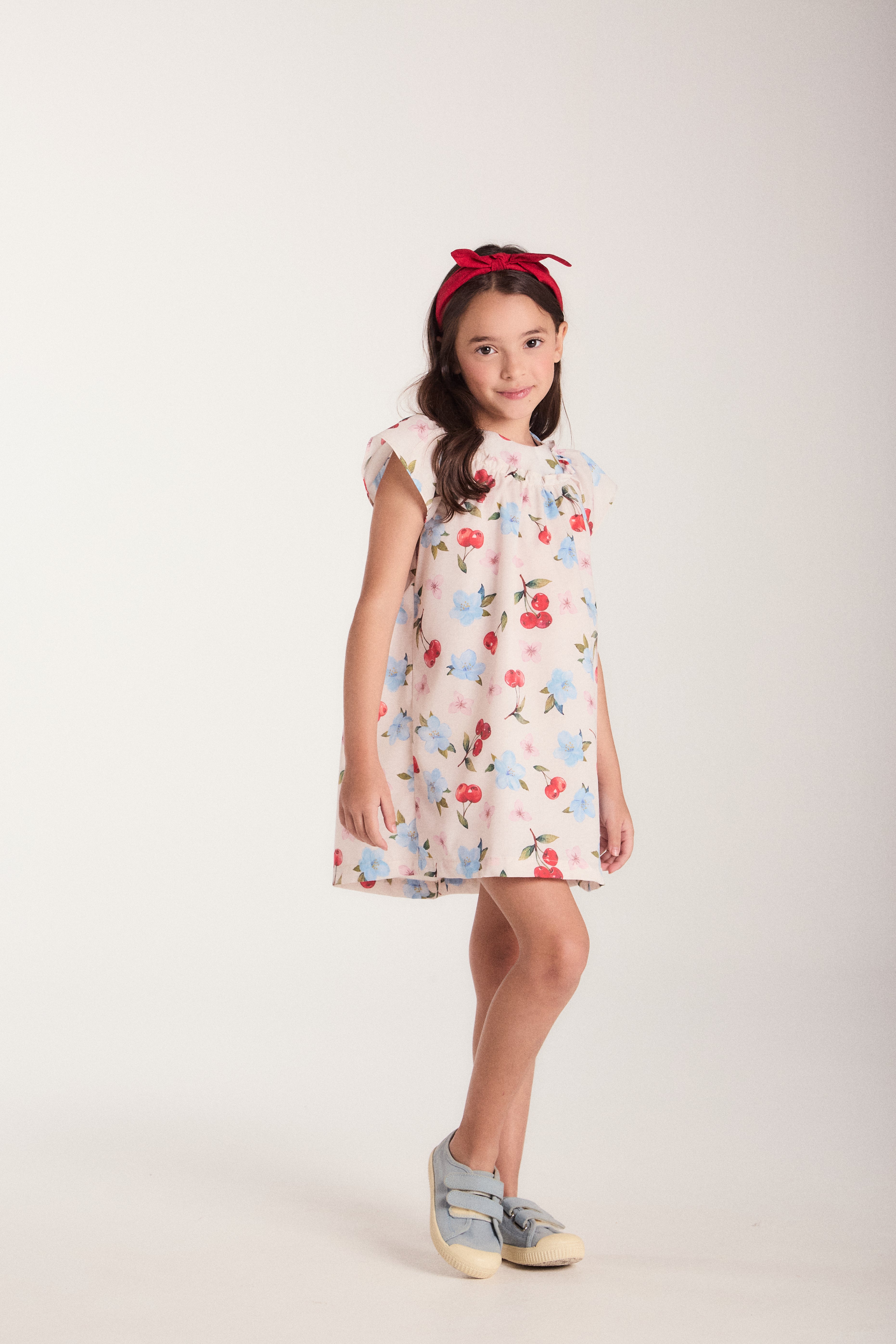 VESTIDO ESTAMPADO EVASE C DET DE PICUETA BEGE CLARO