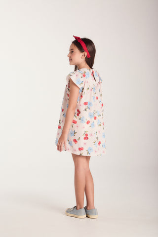 VESTIDO ESTAMPADO EVASE C DET DE PICUETA BEGE CLARO