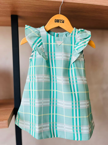 VESTIDO EVASE NA ANARRUGA LISTRADA VERDE CLARO