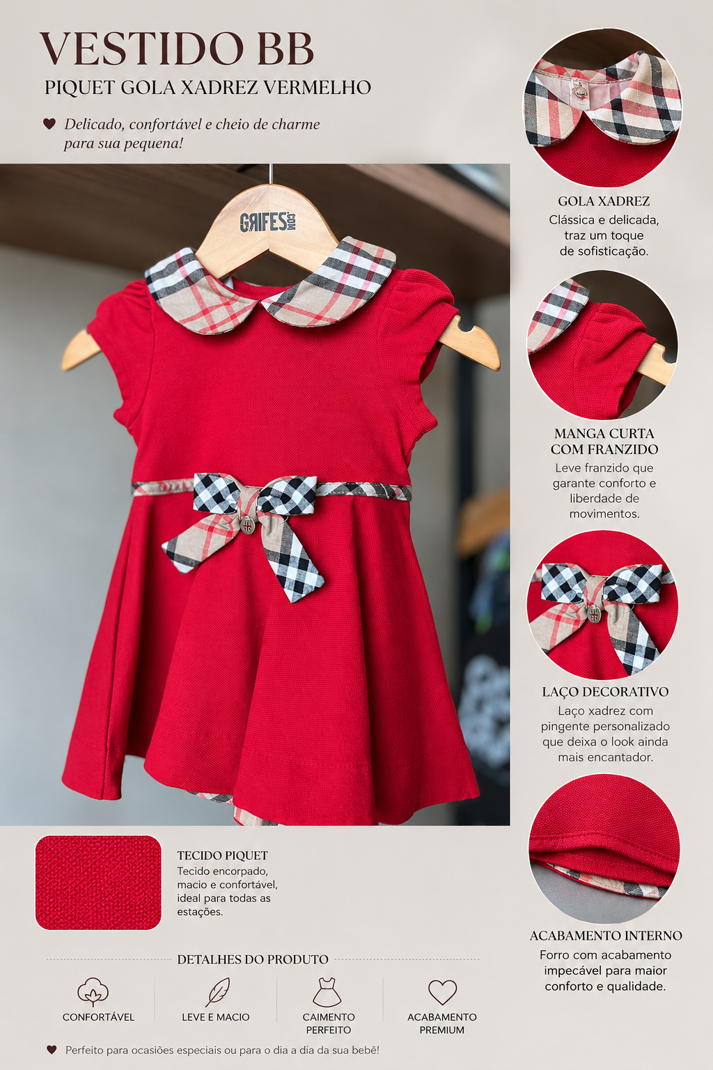 VESTIDO BB PIQUET GOLA XADREZ VERMELHO