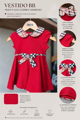 VESTIDO BB PIQUET GOLA XADREZ VERMELHO