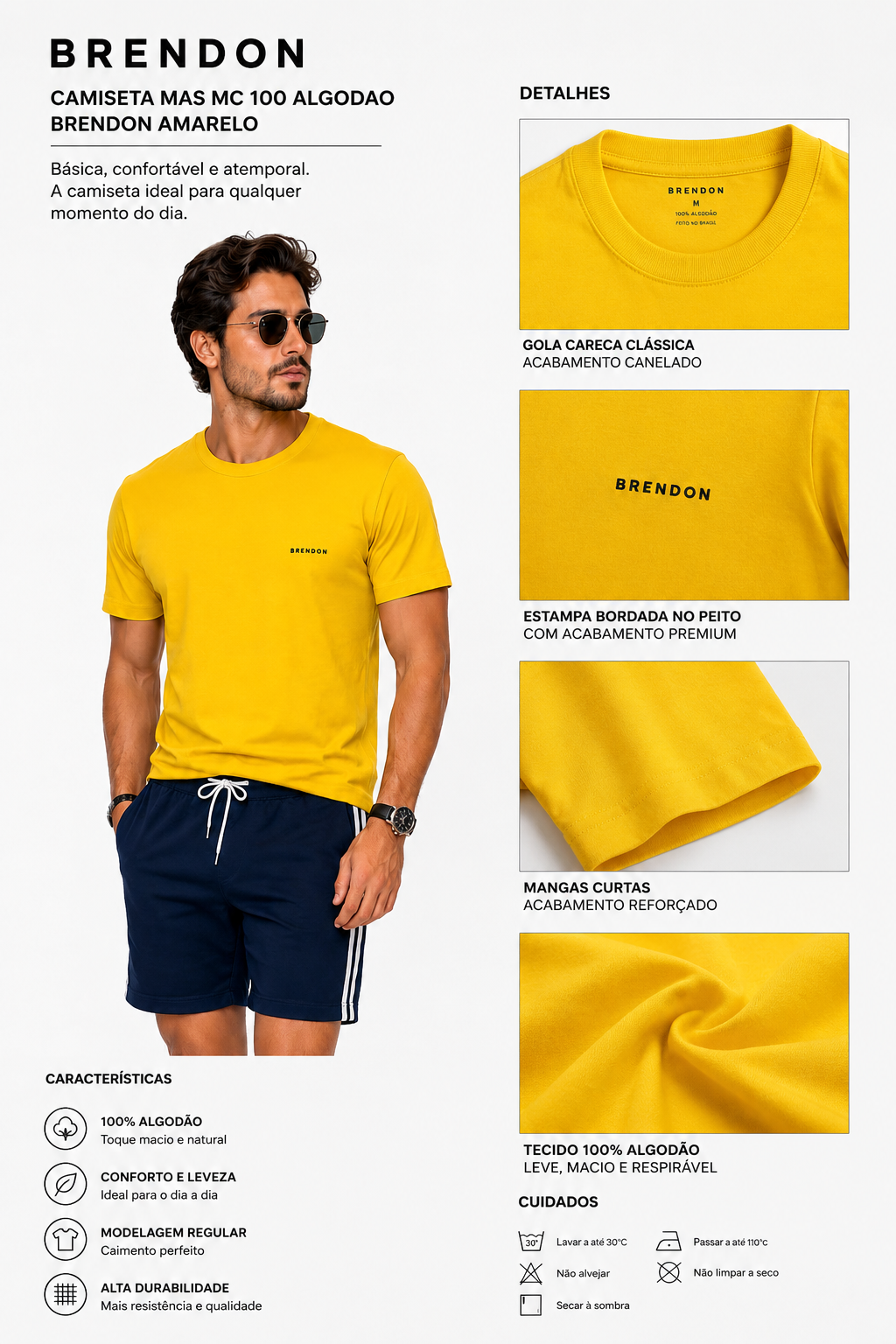CAMISETA MC MAS 100 ALGODAO BRENDON AMARELO