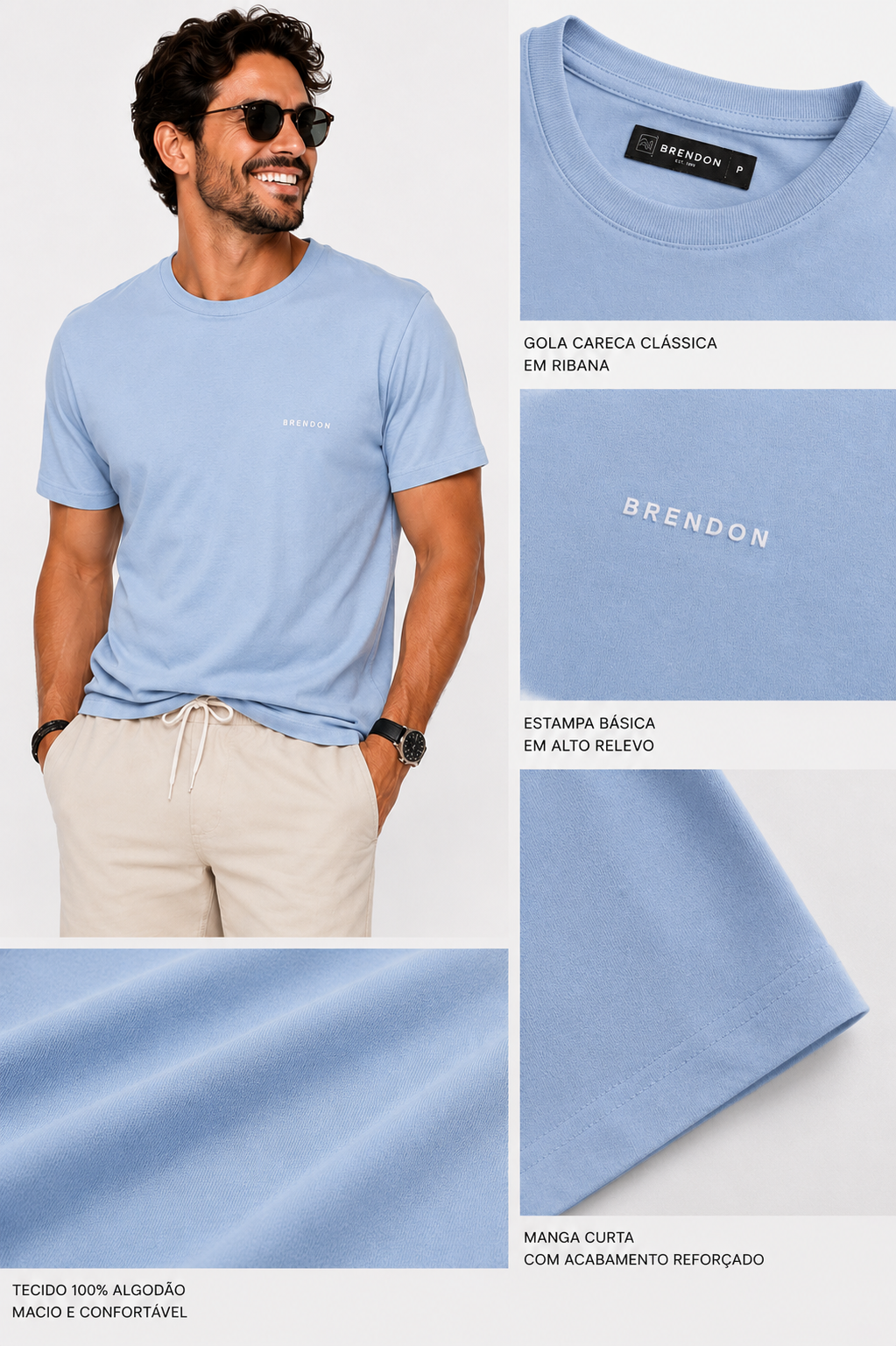 CAMISETA MC MAS 100 ALGODAO BRENDON AZUL CLARO