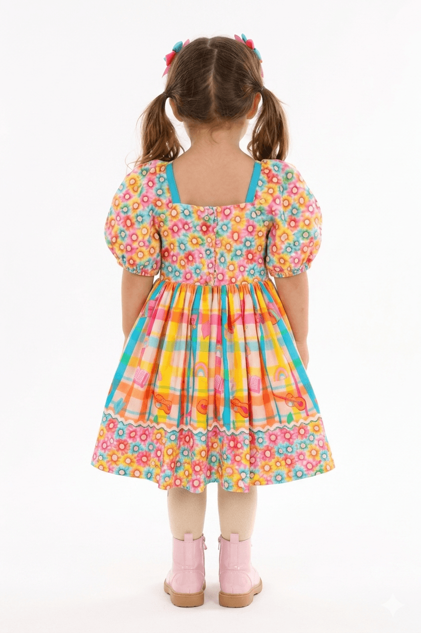 VESTIDO ARRAIA DE CORES FLORES BUSTO ROSA/LARANJA/AZUL