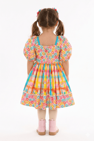 VESTIDO ARRAIA DE CORES FLORES BUSTO ROSA/LARANJA/AZUL
