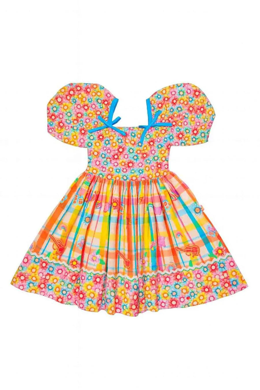 VESTIDO ARRAIA DE CORES FLORES BUSTO ROSA/LARANJA/AZUL