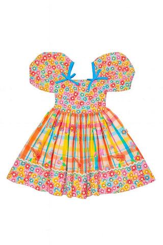 VESTIDO ARRAIA DE CORES FLORES BUSTO ROSA/LARANJA/AZUL