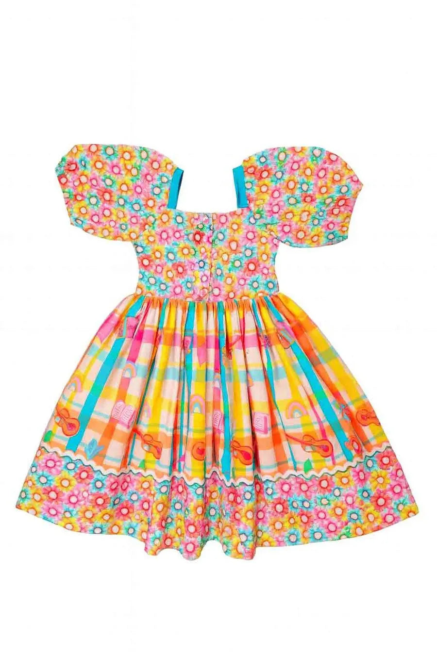 VESTIDO ARRAIA DE CORES FLORES BUSTO ROSA/LARANJA/AZUL