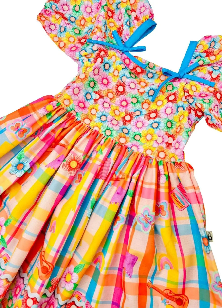 VESTIDO ARRAIA DE CORES FLORES BUSTO ROSA/LARANJA/AZUL