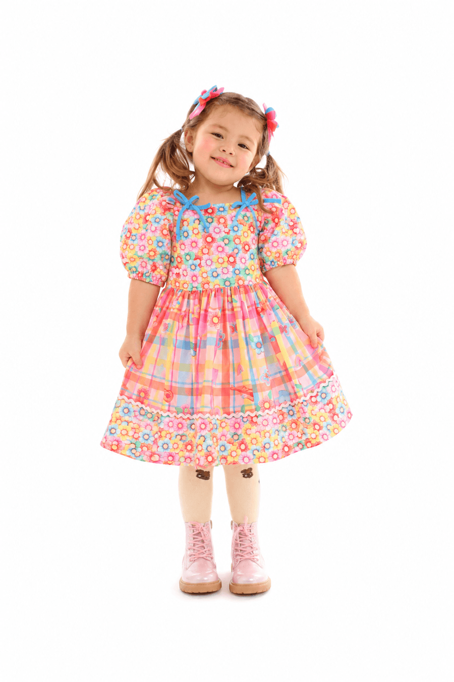 VESTIDO ARRAIA DE CORES FLORES BUSTO ROSA/LARANJA/AZUL
