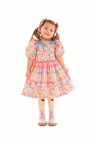VESTIDO ARRAIA DE CORES FLORES BUSTO ROSA/LARANJA/AZUL