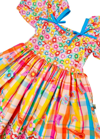 VESTIDO ARRAIA DE CORES FLORES BUSTO ROSA/LARANJA/AZUL