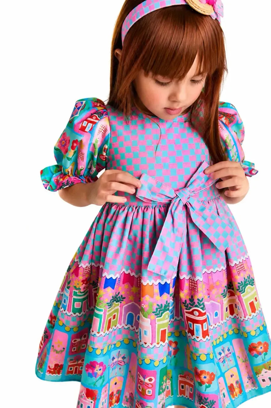 VESTIDO ARRAIA DE CORES QUADRADOS BUSTO ROSA/ESMERALDA
