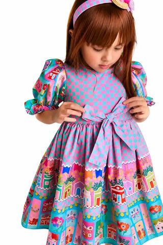 VESTIDO ARRAIA DE CORES QUADRADOS BUSTO ROSA/ESMERALDA