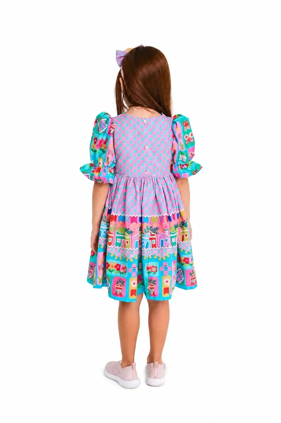 VESTIDO ARRAIA DE CORES QUADRADOS BUSTO ROSA/ESMERALDA