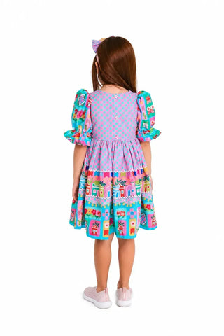 VESTIDO ARRAIA DE CORES QUADRADOS BUSTO ROSA/ESMERALDA